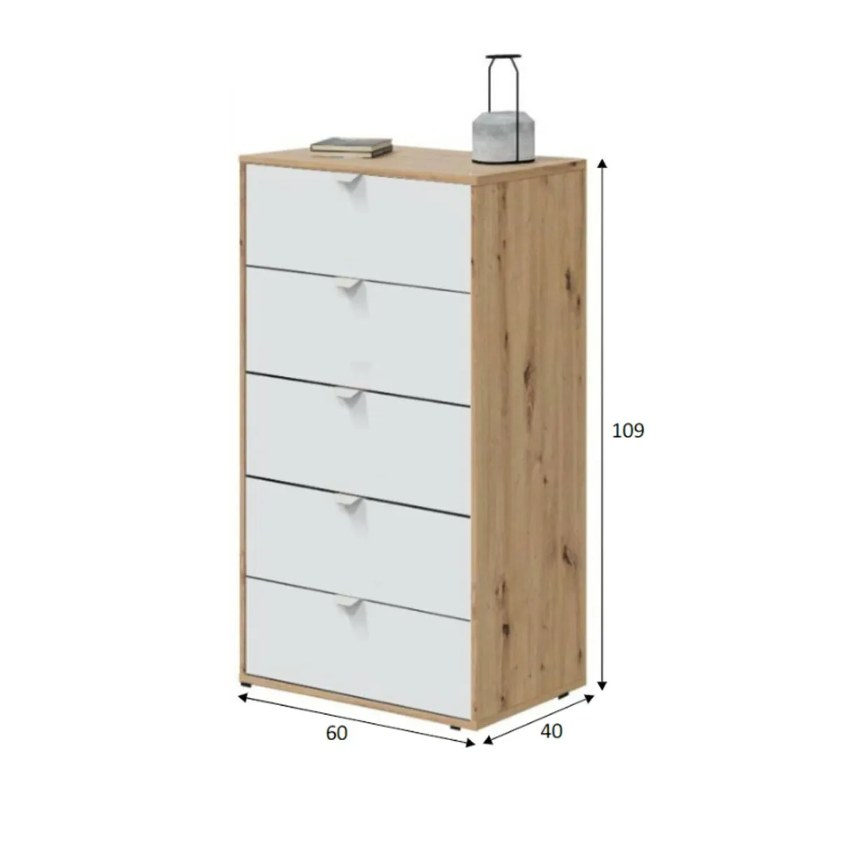 Cassettiere > Dmora Cassettiera 5 cassetti legno bianca 60x109h cm - Praha Marrone, Bianco Rovere Nodi