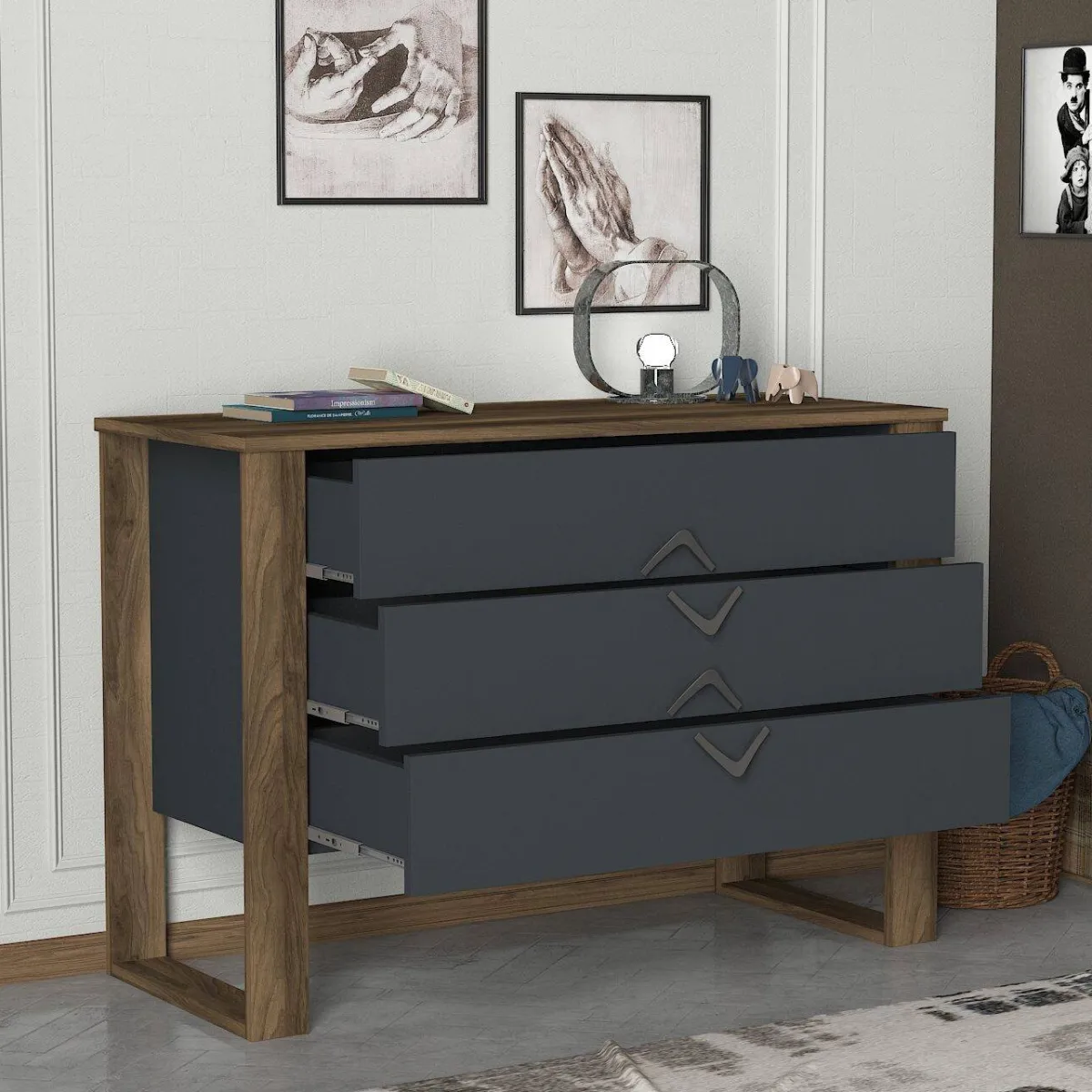 Cassettiere > Dmora Cassettiera 3 cassetti noce e antracite 110x76h cm - Jova Nero Antracite, Marrone Noce