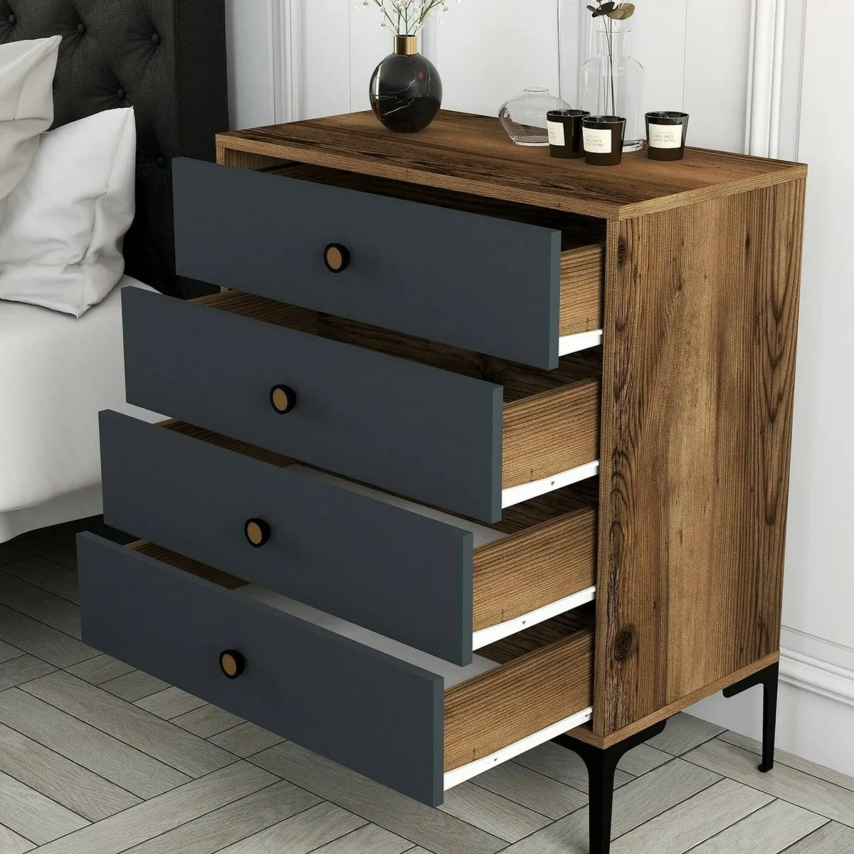 Salotto|Camera Da Letto > Dmora Cassettiera 5 cassetti noce e antracite 76x90h cm - Molly Nero Antracite, Marrone Noce