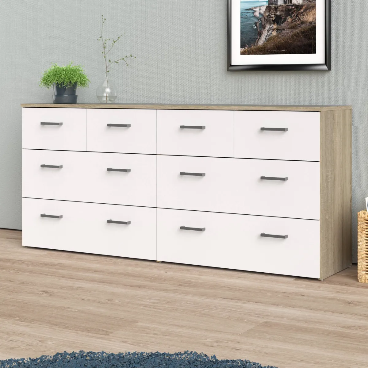 Cassettiere > Dmora Cassettiera 8 cassetti quercia e bianca 147x66h cm - Lista Bianco, Marrone Quercia