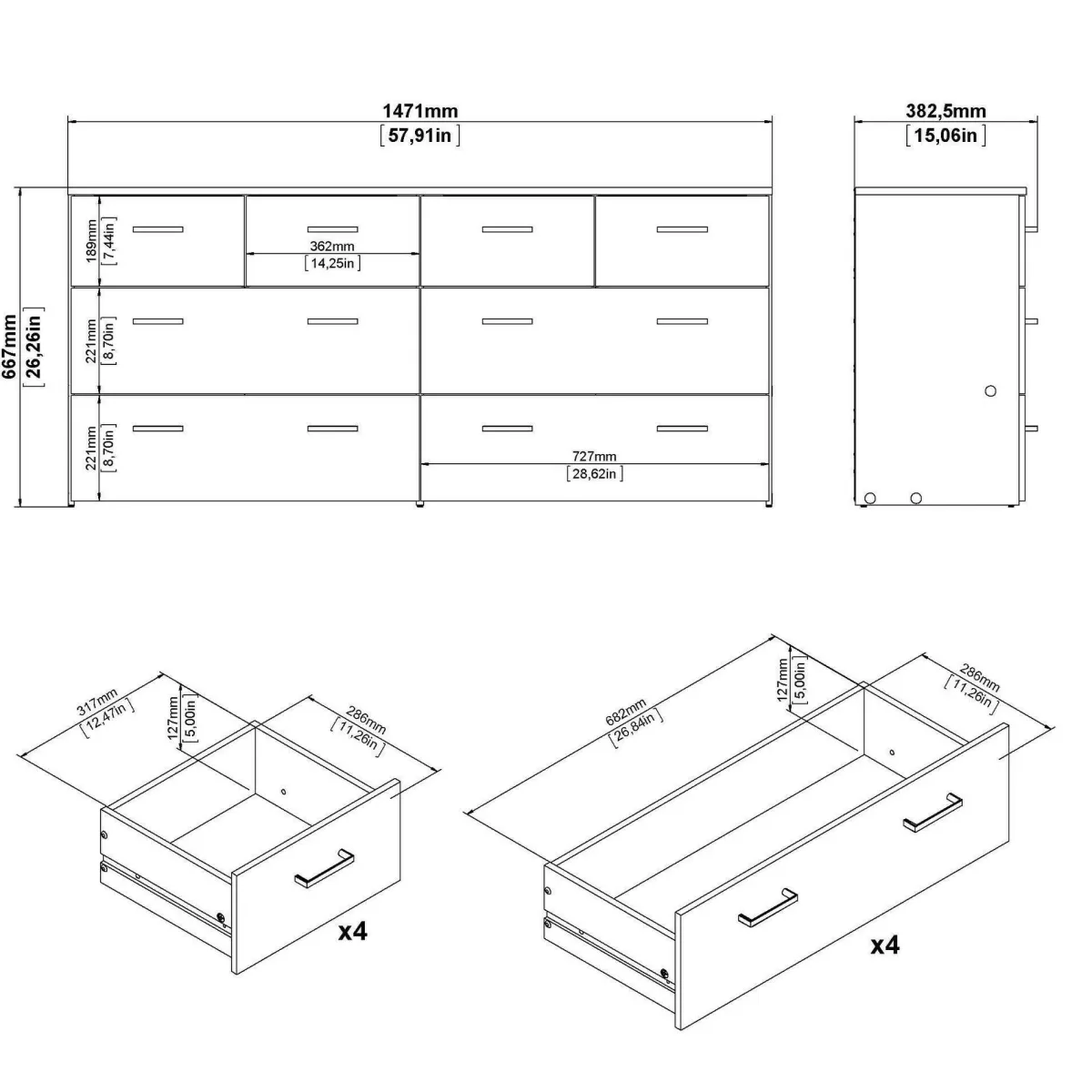 Cassettiere > Dmora Cassettiera 8 cassetti quercia e bianca 147x66h cm - Lista Bianco, Marrone Quercia