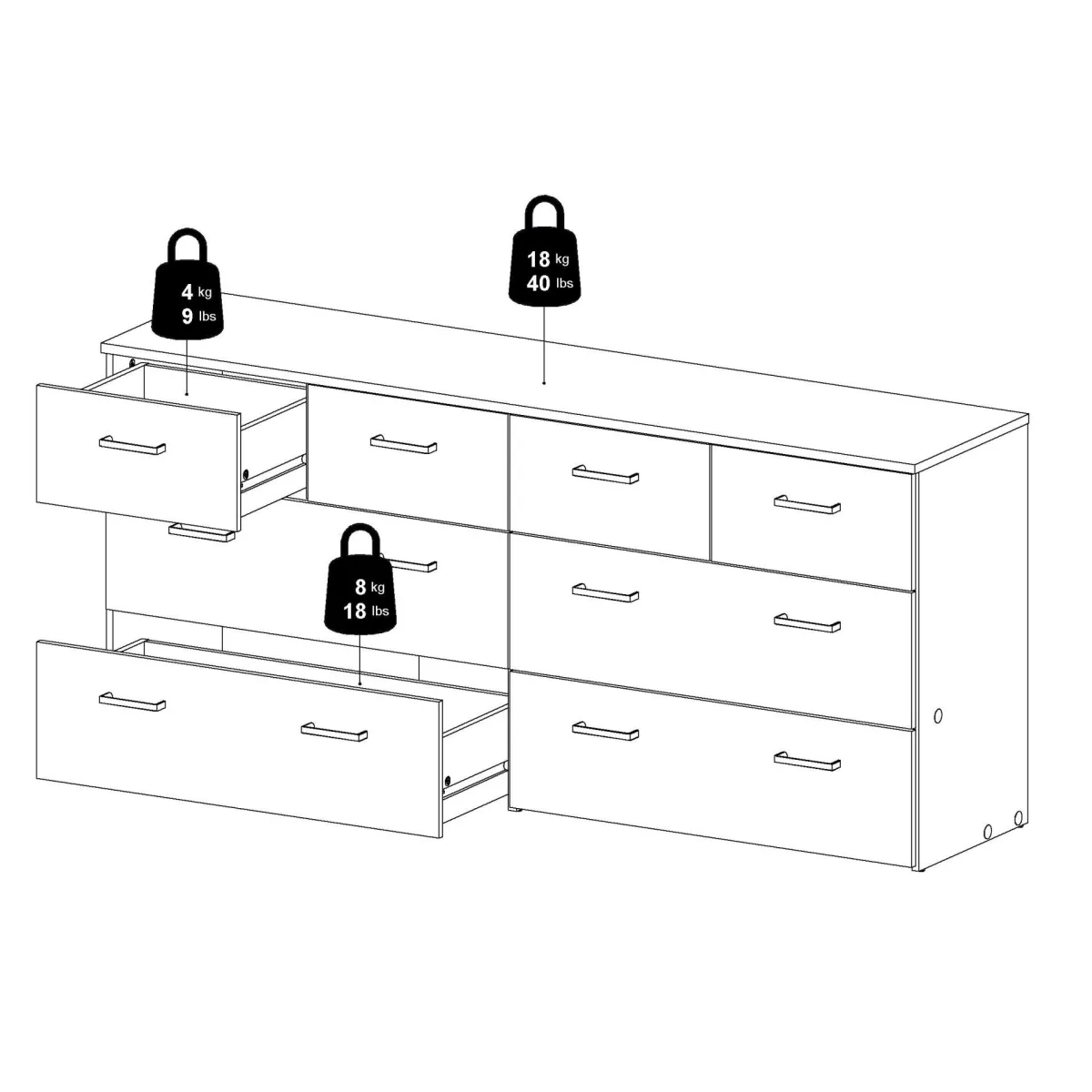 Cassettiere > Dmora Cassettiera 8 cassetti quercia e bianca 147x66h cm - Lista Bianco, Marrone Quercia