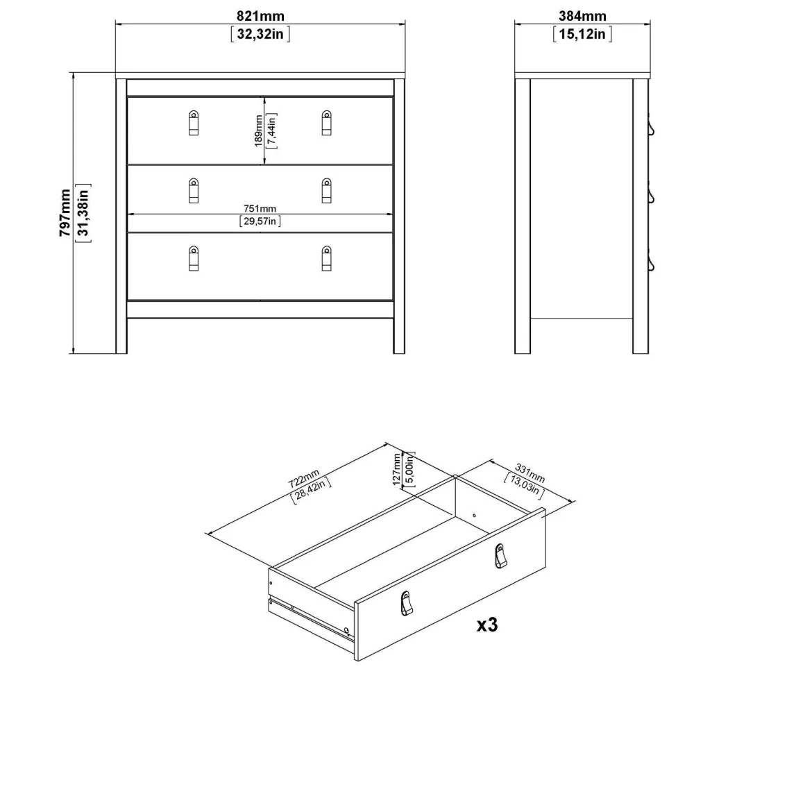 Cassettiera con maniglie nera 82x79h cm - Sagar