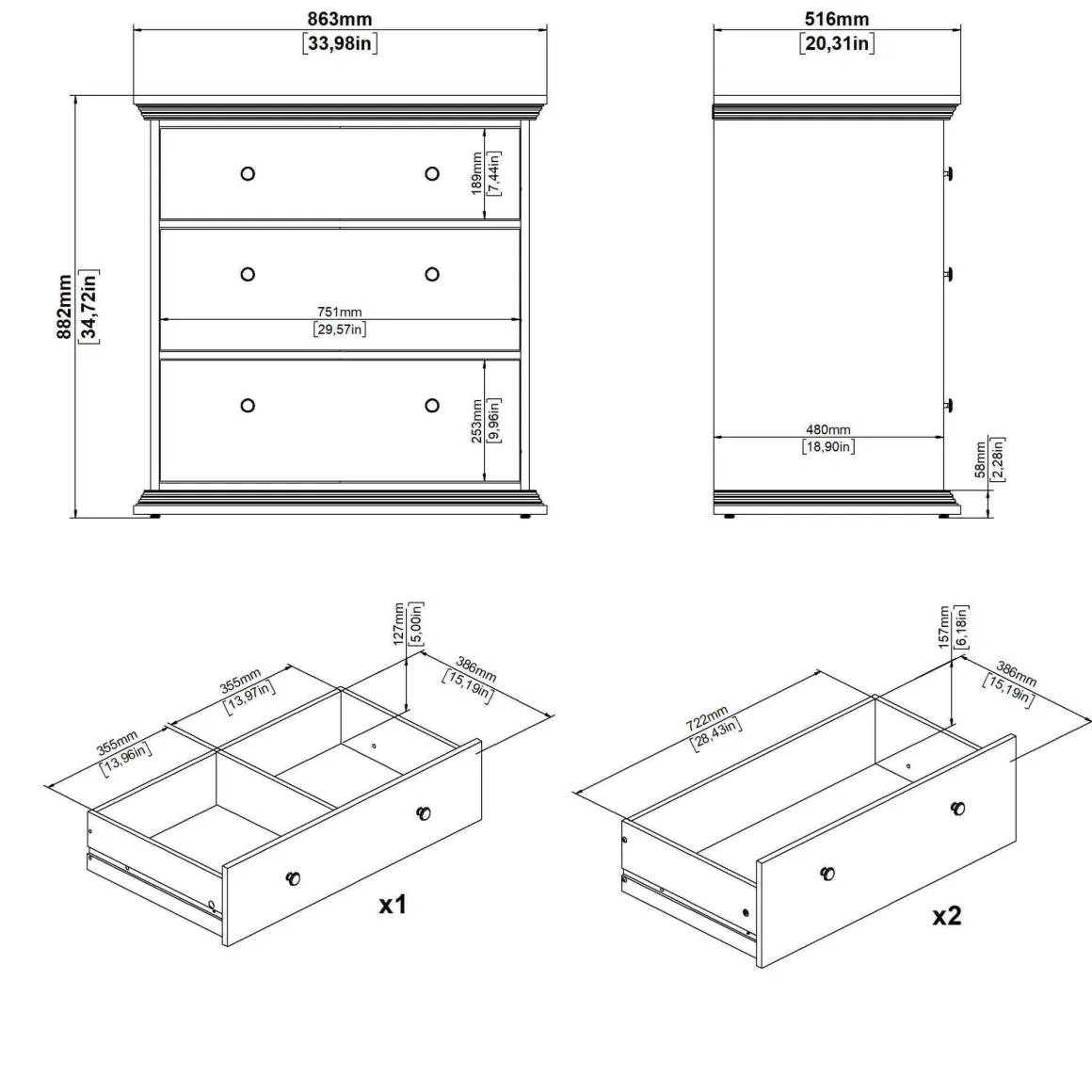 Cassettiera in legno bianca 86x88h cm - Domeng