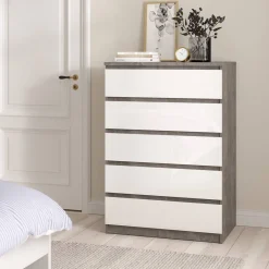 Cassettiere > Dmora Cassettiera in legno cemento e bianca lucida 77x111h cm - Ansel Bianco Lucido, Grigio Cemento