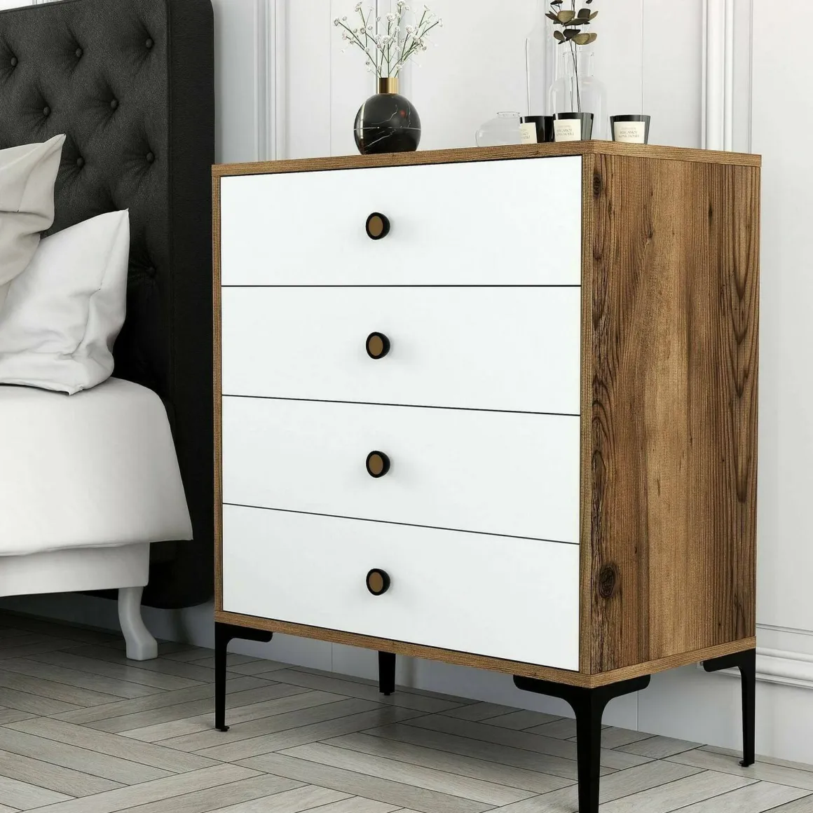 Cassettiera in legno noce e bianca 76x90h cm - Molly