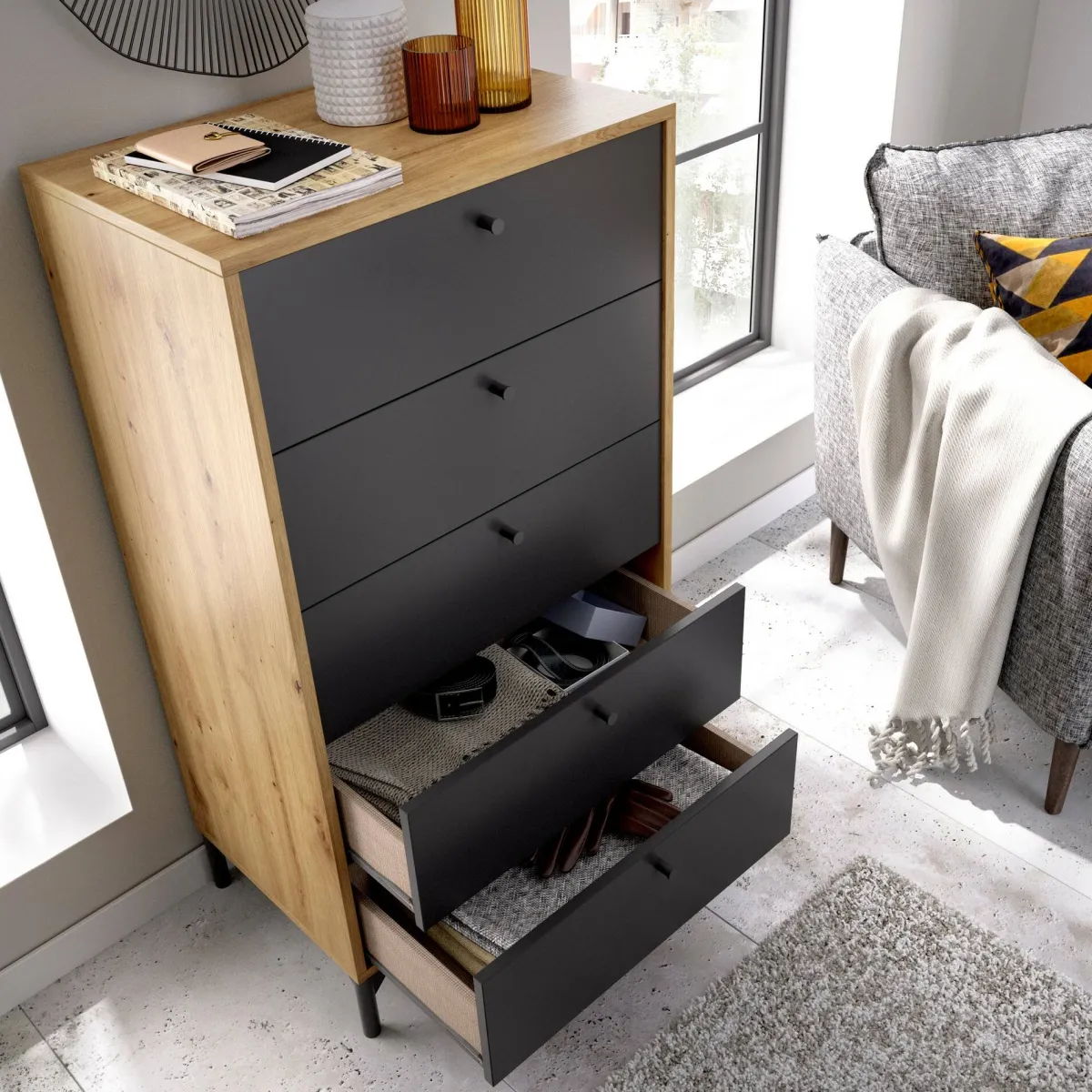 Salotto|Camera Da Letto > Dmora Cassettiera in legno rovere e antracite 60x127h cm - Armerina Nero Antracite, Marrone Rovere