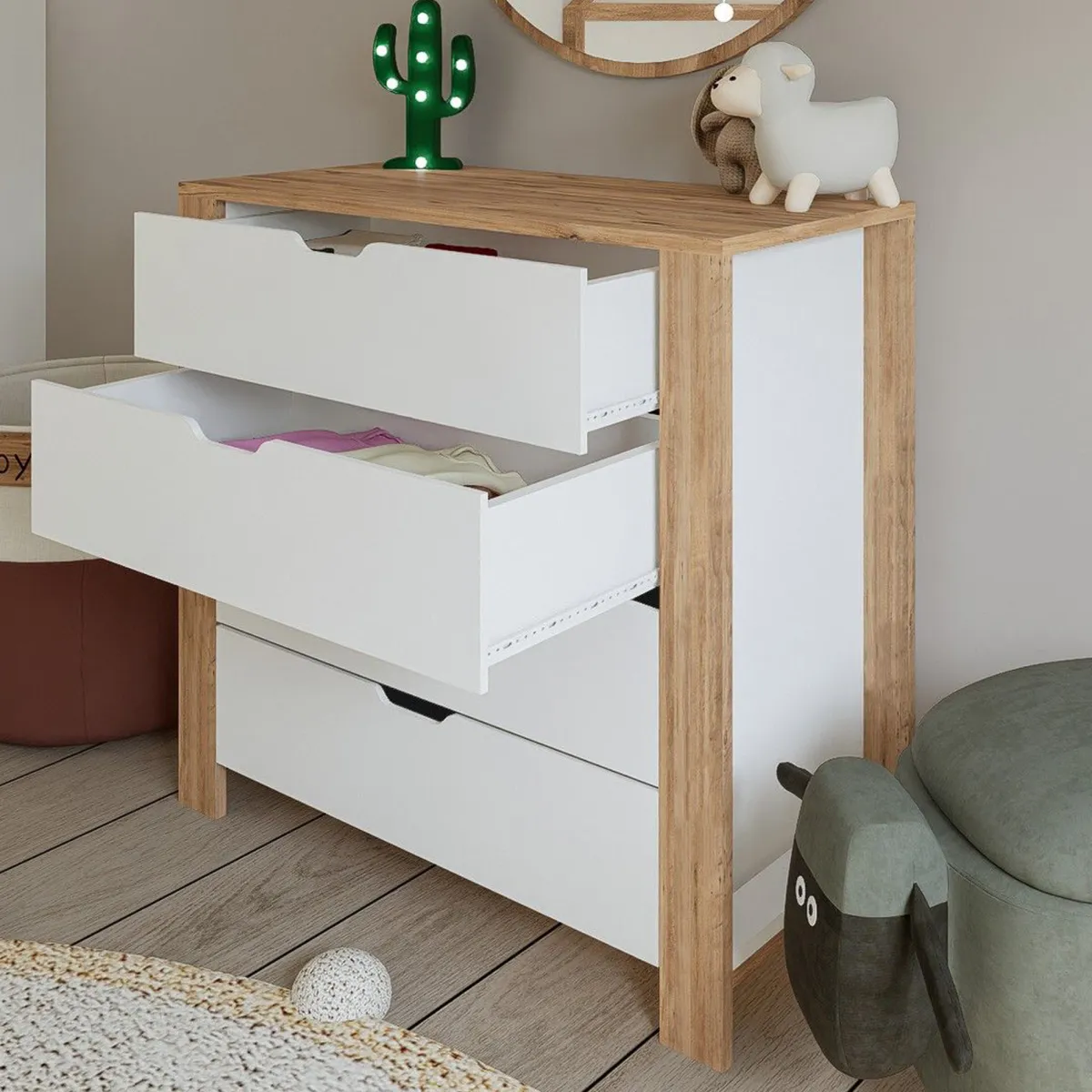 Cassettiere > Dmora Cassettiera Marrone Rovere Bianco 4 Cassetti Apertura Scorrevole 90x42x85h cm, Chiusura Scorrevole - Pastena Bianco, Marrone Rovere