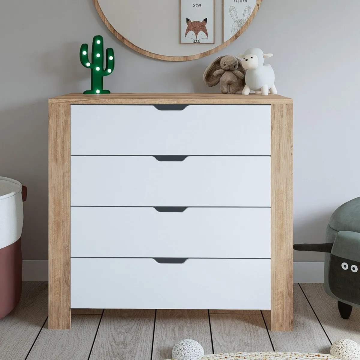 Cassettiere > Dmora Cassettiera Marrone Rovere Bianco 4 Cassetti Apertura Scorrevole 90x42x85h cm, Chiusura Scorrevole - Pastena Bianco, Marrone Rovere