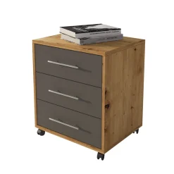 Cassettiera Marrone Rovere Nero Antracite 3 Cassetti Apertura Scorrevole 43x40x57h cm, Chiusura Scorrevole - Pisano