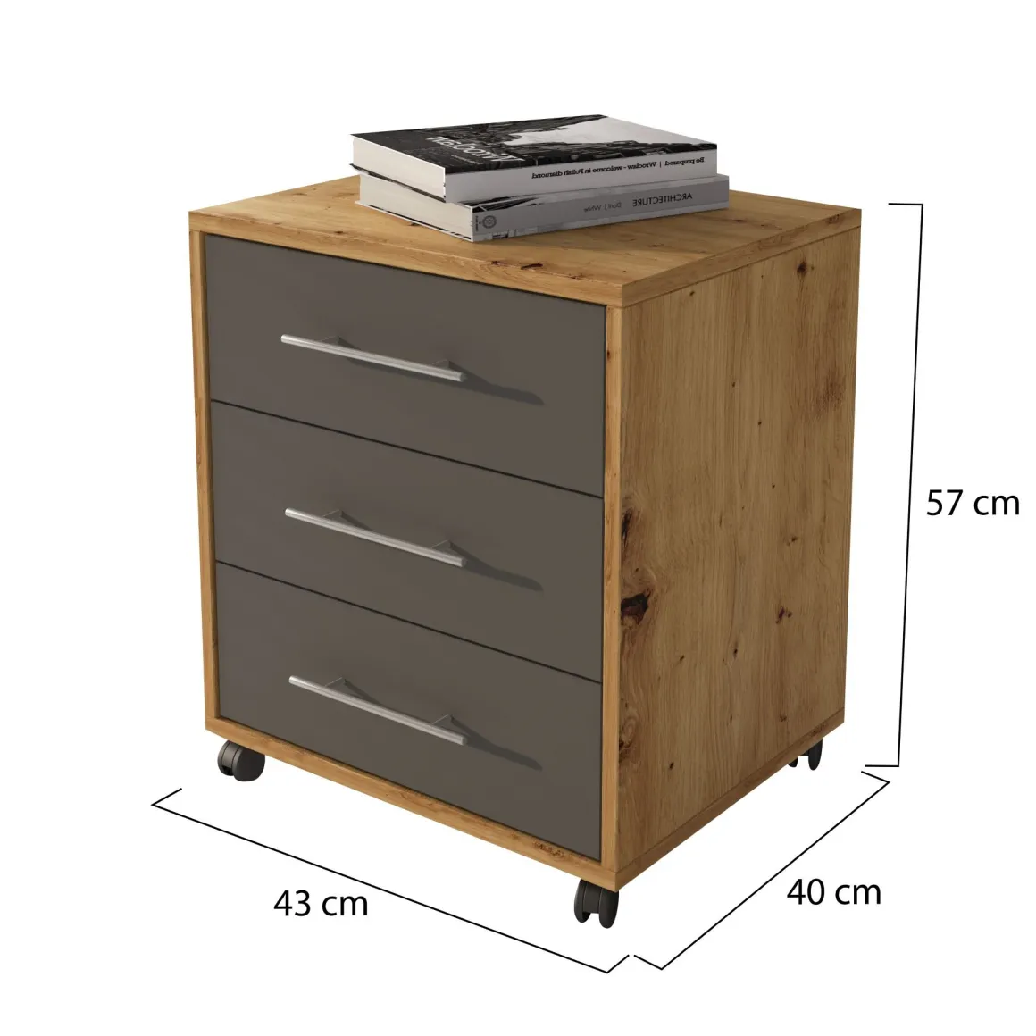Cassettiera Marrone Rovere Nero Antracite 3 Cassetti Apertura Scorrevole 43x40x57h cm, Chiusura Scorrevole - Pisano