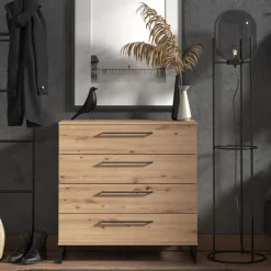 Cassettiera Marrone Rovere Nodi Nero Nero 4 Cassetti Apertura Scorrevole 91.5x42x95h cm, Chiusura Scorrevole - Porzio