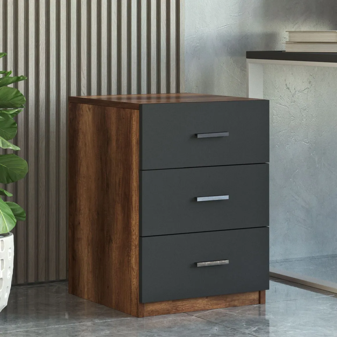 Cassettiera Nero Antracite Marrone Noce 3 Cassetti Apertura Scorrevole 45x47x62h cm, Chiusura Scorrevole - Trecate
