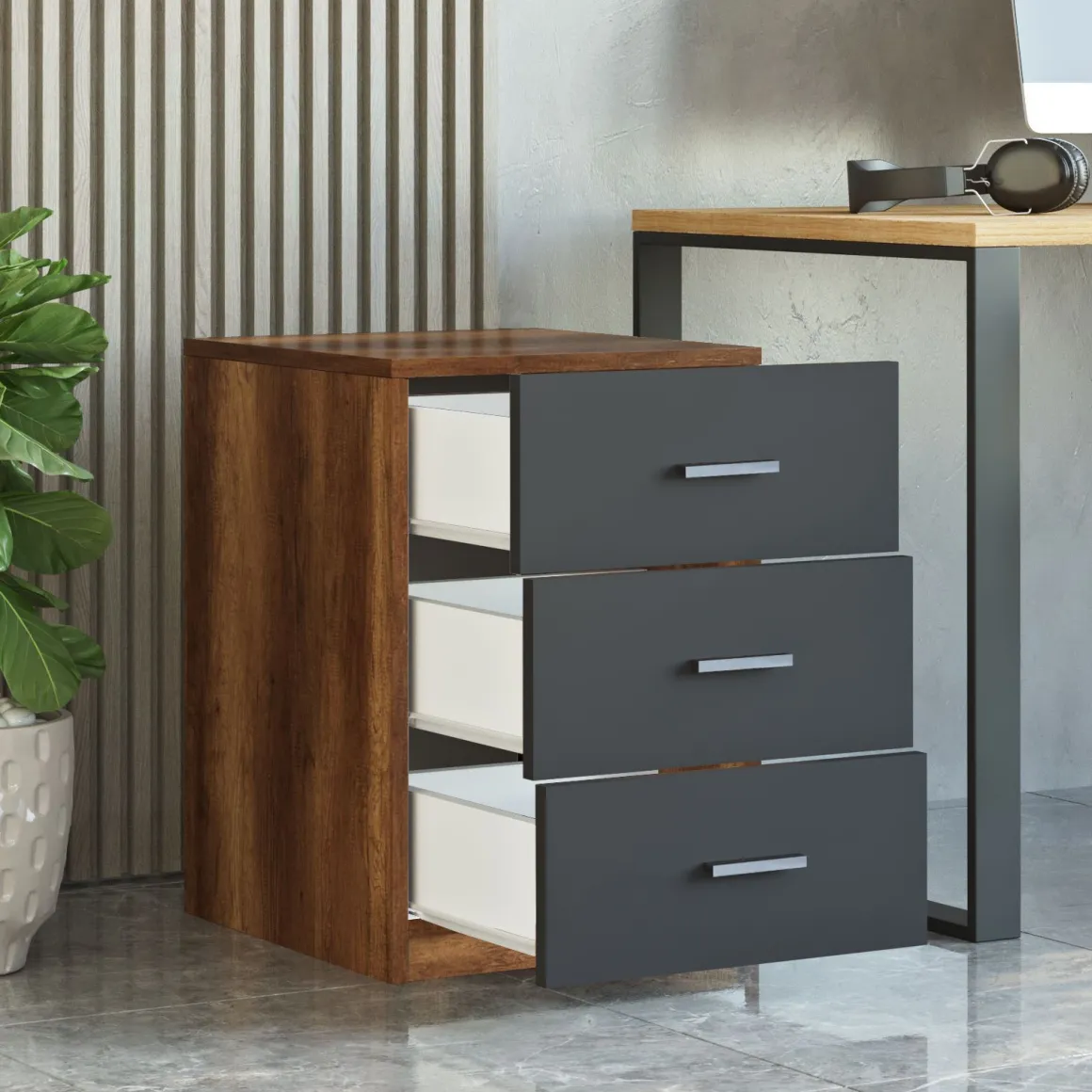 Cassettiera Nero Antracite Marrone Noce 3 Cassetti Apertura Scorrevole 45x47x62h cm, Chiusura Scorrevole - Trecate