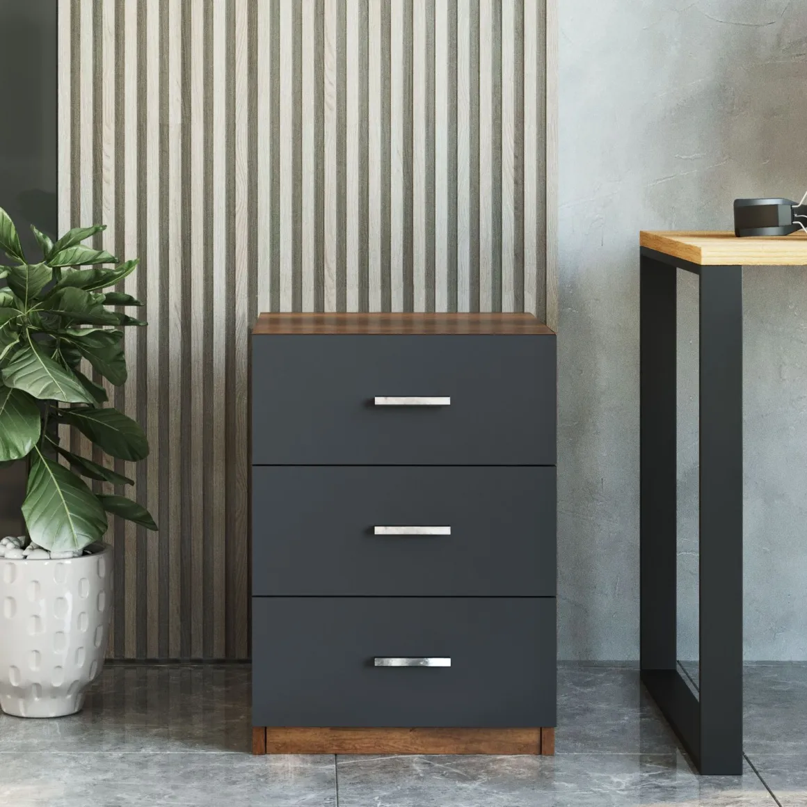 Cassettiera Nero Antracite Marrone Noce 3 Cassetti Apertura Scorrevole 45x47x62h cm, Chiusura Scorrevole - Trecate