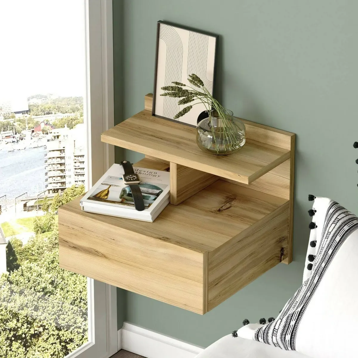 Comodini|Camera Da Letto > Dmora Comodino a parete quercia 40x35x32h cm - Aviatico Marrone Quercia