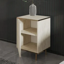 Comodini > Dmora Comodino Beige Marmo oro un Ripiano Apertura Battente 40x35x60h cm, Un'anta - Vestone Oro, Beige Marmo