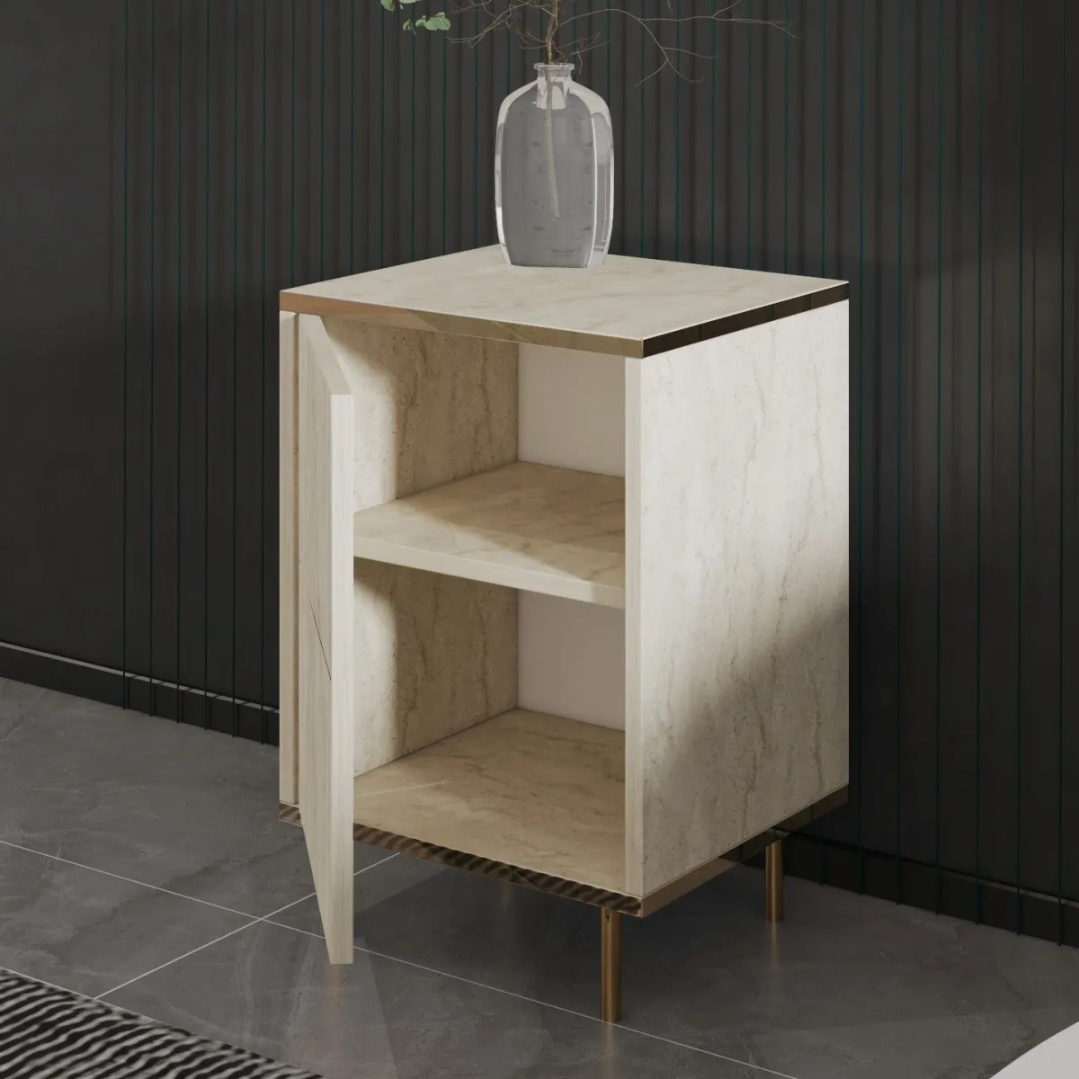 Comodini > Dmora Comodino Beige Marmo oro un Ripiano Apertura Battente 40x35x60h cm, Un'anta - Vestone Oro, Beige Marmo