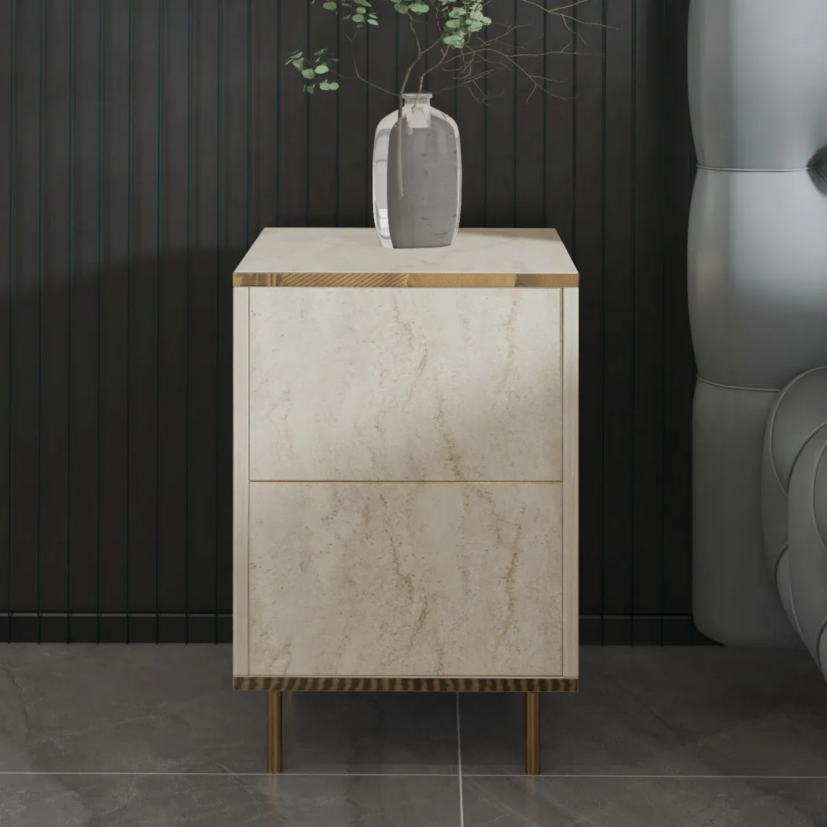 Comodini > Dmora Comodino Beige Marmo oro un Ripiano Apertura Battente 40x35x60h cm, Un'anta - Vestone Oro, Beige Marmo