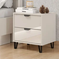 Comodino Beige Nero un Ripiano 2 Cassetti 48x40x52h cm, Apertura Scorrevole - Scarlino