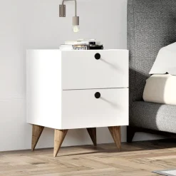 Comodini > Dmora Comodino 2 Cassetti Apertura Scorrevole 50x47x56h cm, Chiusura Scorrevole - Lernan Bianco