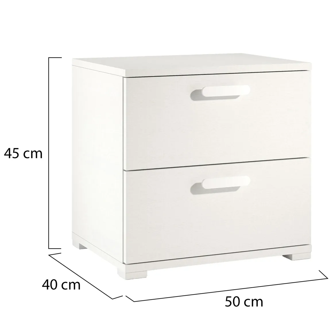 Comodino Bianco 2 Cassetti un Ripiano 50x40x45h cm, Apertura Scorrevole - Petri
