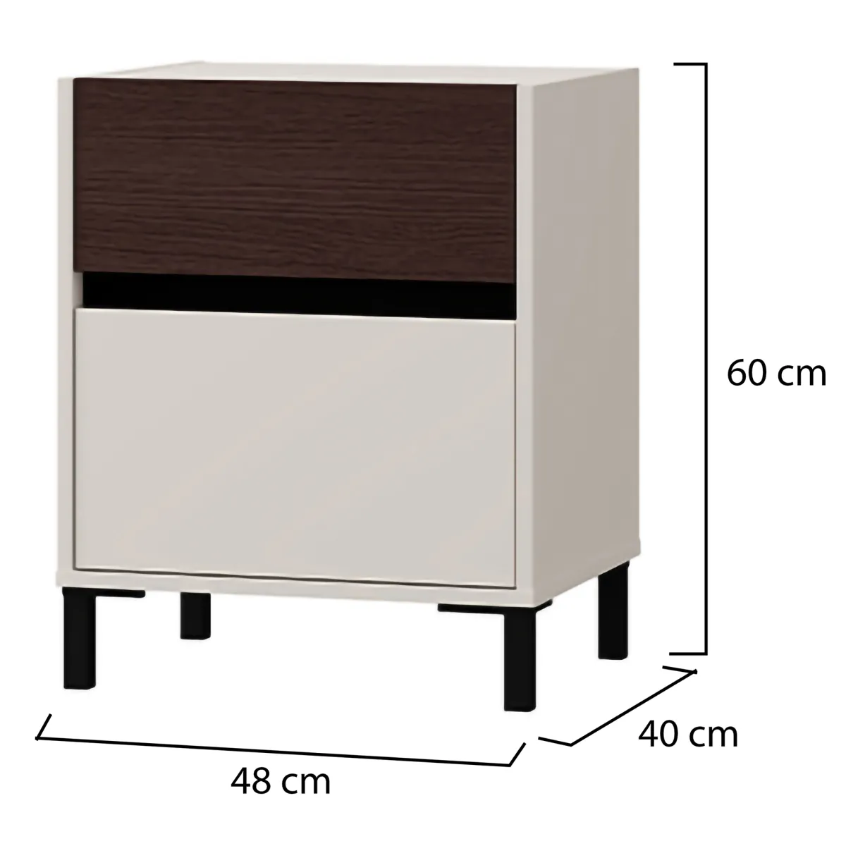 Comodini > Dmora Comodino Bianco Crema Marrone Noce 2 Cassetti un Ripiano 48x40x60h cm, Apertura Scorrevole - Gili Marrone Noce, Bianco Crema