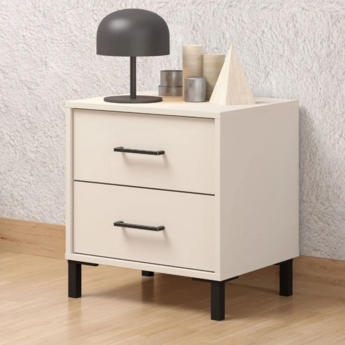 Comodini > Dmora Comodino Bianco Crema Nero un Ripiano 2 Cassetti 48x40x52h cm, Apertura Scorrevole - Clanezzo Nero, Bianco Crema
