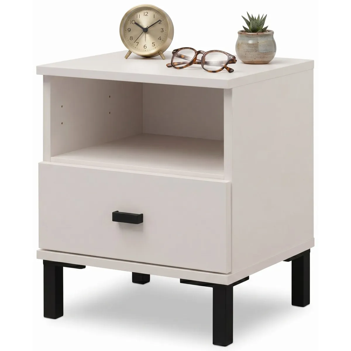 Comodini > Dmora Comodino un Cassetto 2 Ripiani 39x35x45h cm, Apertura Scorrevole - Ghadam Bianco Crema