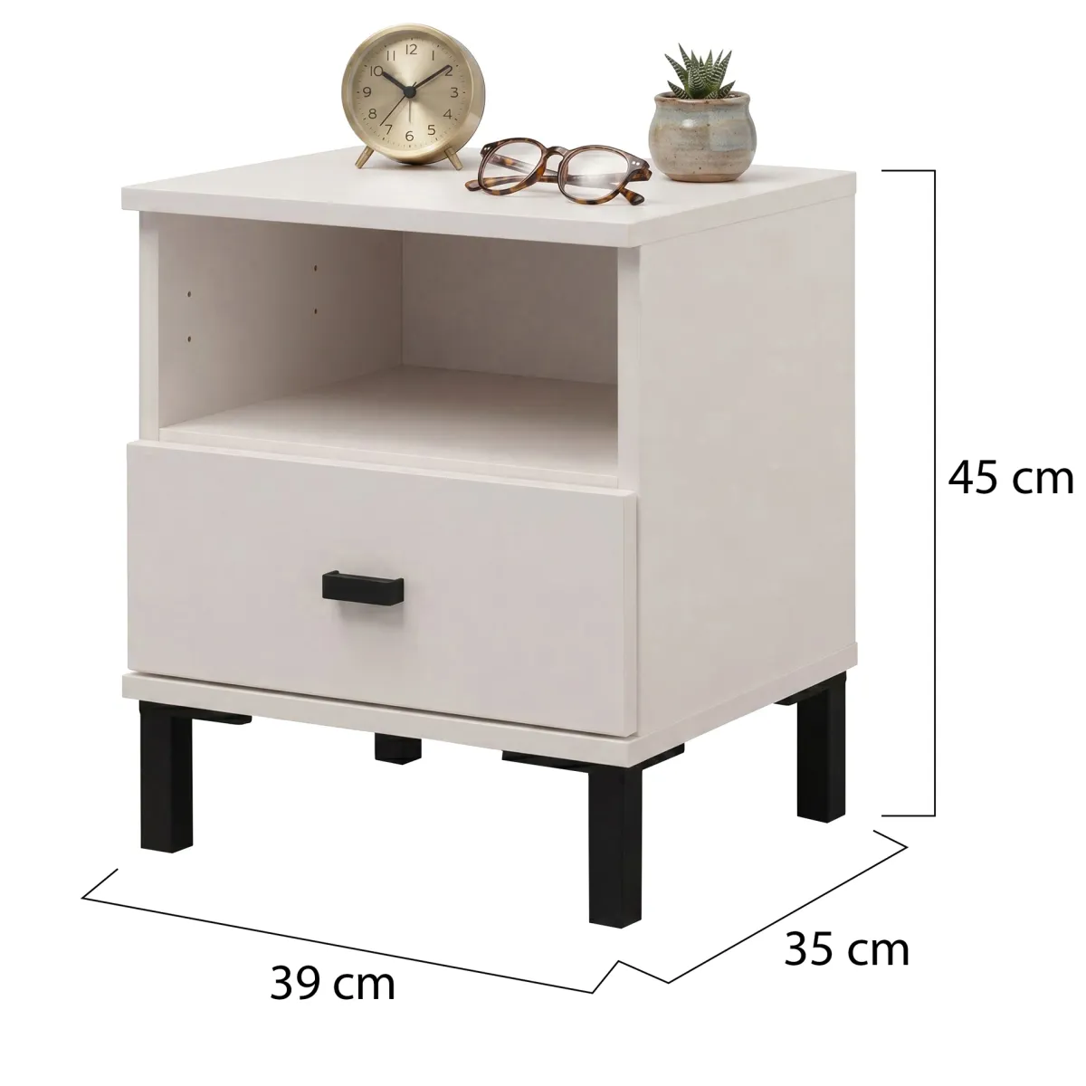 Comodini > Dmora Comodino un Cassetto 2 Ripiani 39x35x45h cm, Apertura Scorrevole - Ghadam Bianco Crema