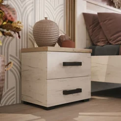 Comodini > Dmora Comodino Bianco Larice Marrone Rovere Scuro 2 Cassetti un Ripiano 44.5x33.5x43h cm, Apertura Scorrevole - Roncello Marrone Rovere scuro, Bianco Larice