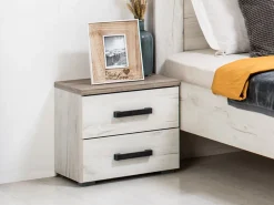 Comodini > Dmora Comodino Bianco Larice Marrone Rovere Scuro 2 Cassetti un Ripiano 44.5x33.5x43h cm, Apertura Scorrevole - Roncello Marrone Rovere scuro, Bianco Larice