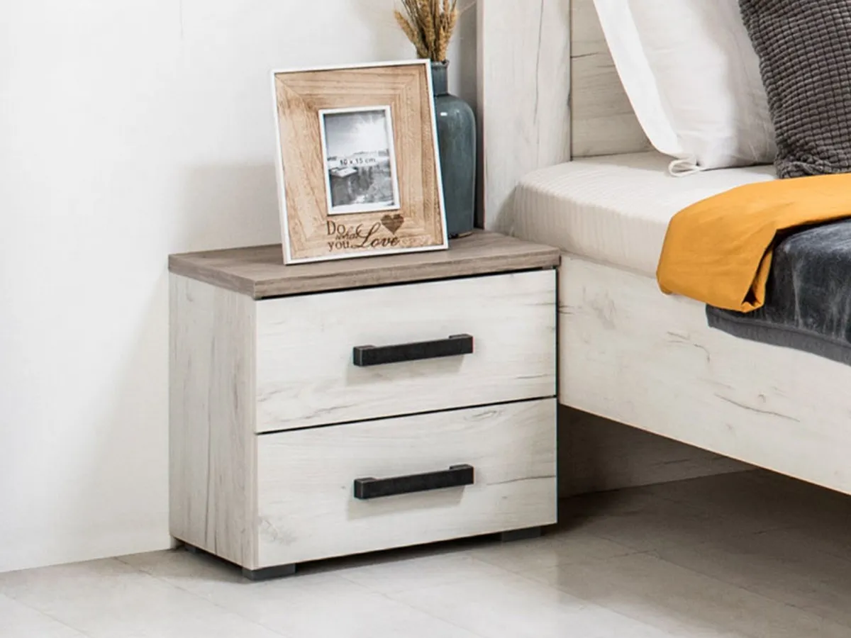 Comodini > Dmora Comodino Bianco Larice Marrone Rovere Scuro 2 Cassetti un Ripiano 44.5x33.5x43h cm, Apertura Scorrevole - Roncello Marrone Rovere scuro, Bianco Larice