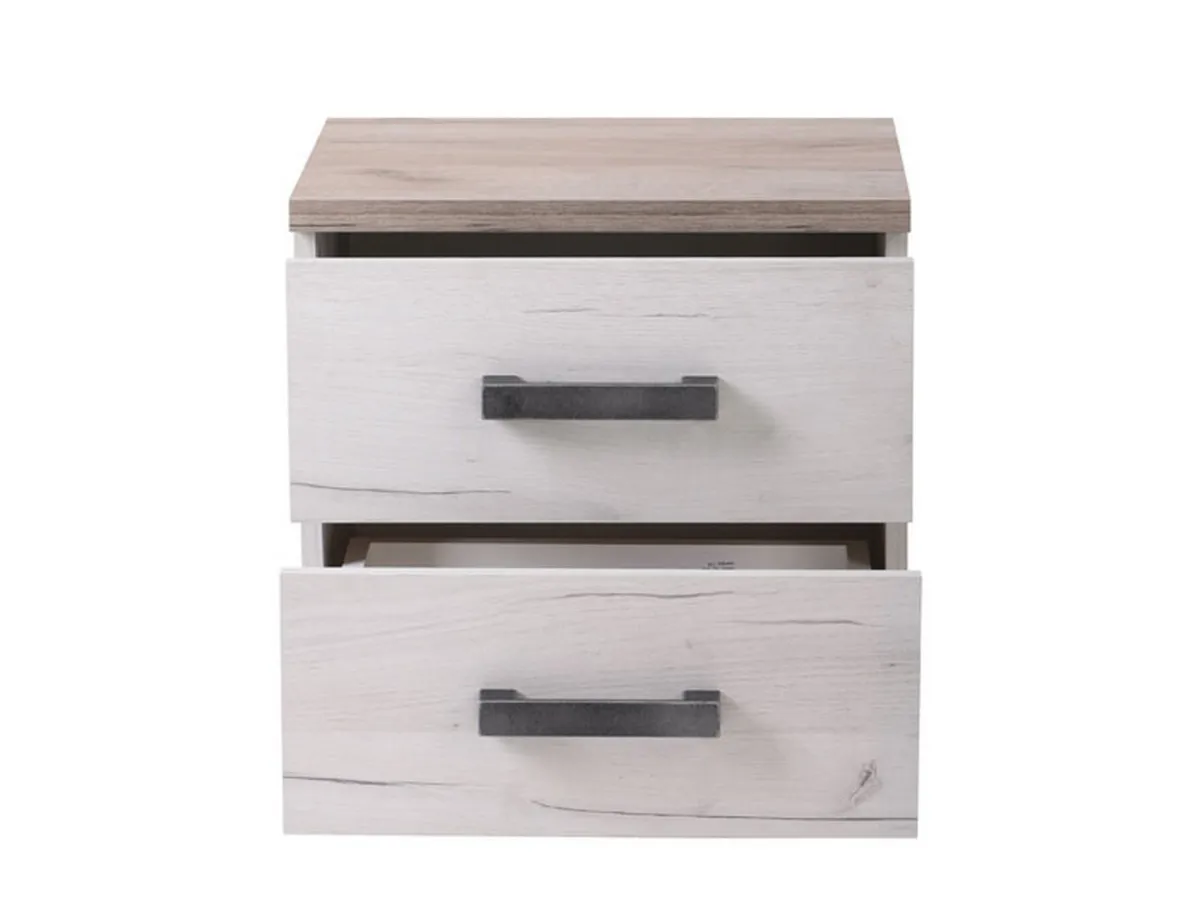 Comodini > Dmora Comodino Bianco Larice Marrone Rovere Scuro 2 Cassetti un Ripiano 44.5x33.5x43h cm, Apertura Scorrevole - Roncello Marrone Rovere scuro, Bianco Larice
