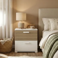 Comodini > Dmora Comodino Bianco Marrone Rovere 2 Cassetti un Ripiano 50x40x45h cm, Apertura Scorrevole - Petri Marrone, Bianco Rovere