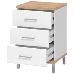 Comodino Bianco Marrone Rovere 3 Cassetti un Ripiano 45x40x69h cm, Apertura Scorrevole - Savino