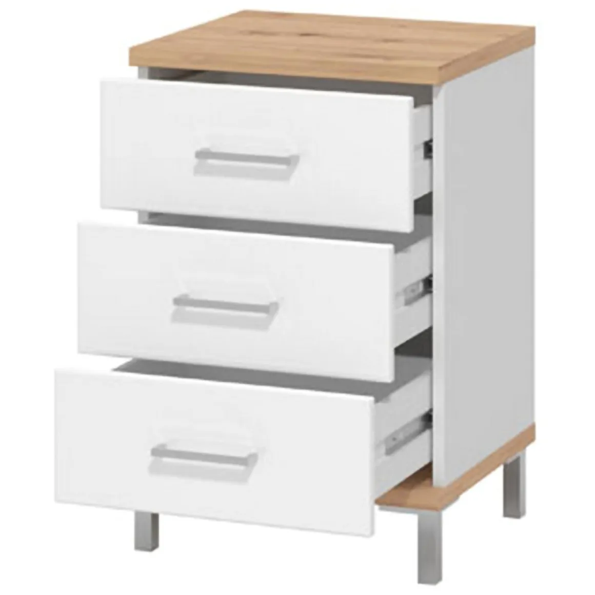 Comodino Bianco Marrone Rovere 3 Cassetti un Ripiano 45x40x69h cm, Apertura Scorrevole - Savino