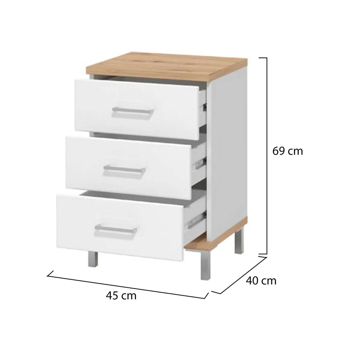 Comodino Bianco Marrone Rovere 3 Cassetti un Ripiano 45x40x69h cm, Apertura Scorrevole - Savino