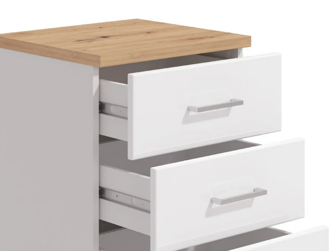Comodino Bianco Marrone Rovere 3 Cassetti un Ripiano 45x40x69h cm, Apertura Scorrevole - Savino