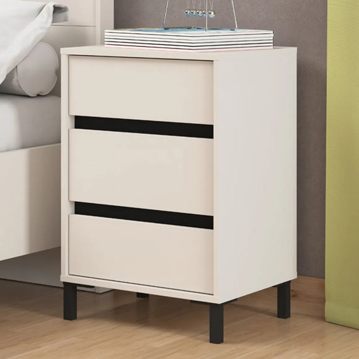 Comodino Bianco Nero un Ripiano 3 Cassetti 48x40x71h cm, Apertura Scorrevole - Combatte