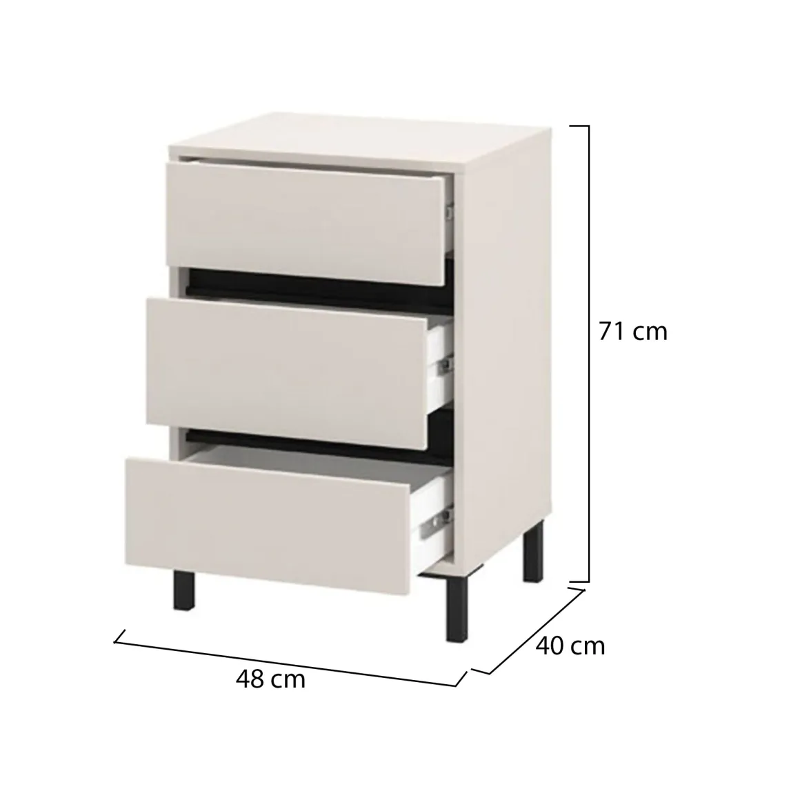 Comodino Bianco Nero un Ripiano 3 Cassetti 48x40x71h cm, Apertura Scorrevole - Combatte