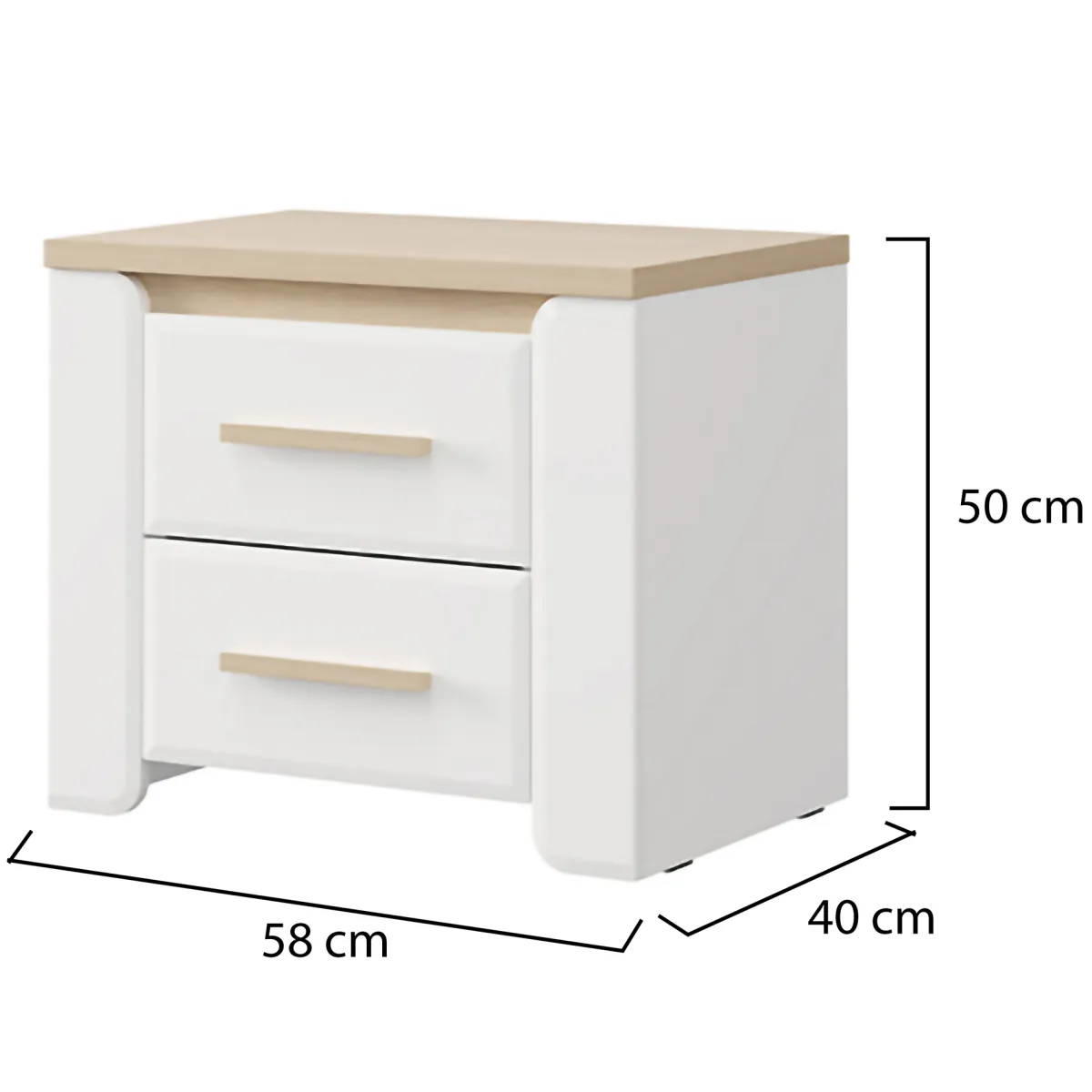 Comodini > Dmora Comodino Bianco Opaco Marrone Rovere 2 Cassetti un Ripiano 58x40x50h cm, Apertura Scorrevole - Yamba Marrone Rovere, Bianco Opaco