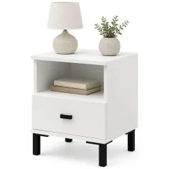Comodini > Dmora Comodino un Cassetto 2 Ripiani 39x35x45h cm, Apertura Scorrevole - Jinja Bianco Opaco