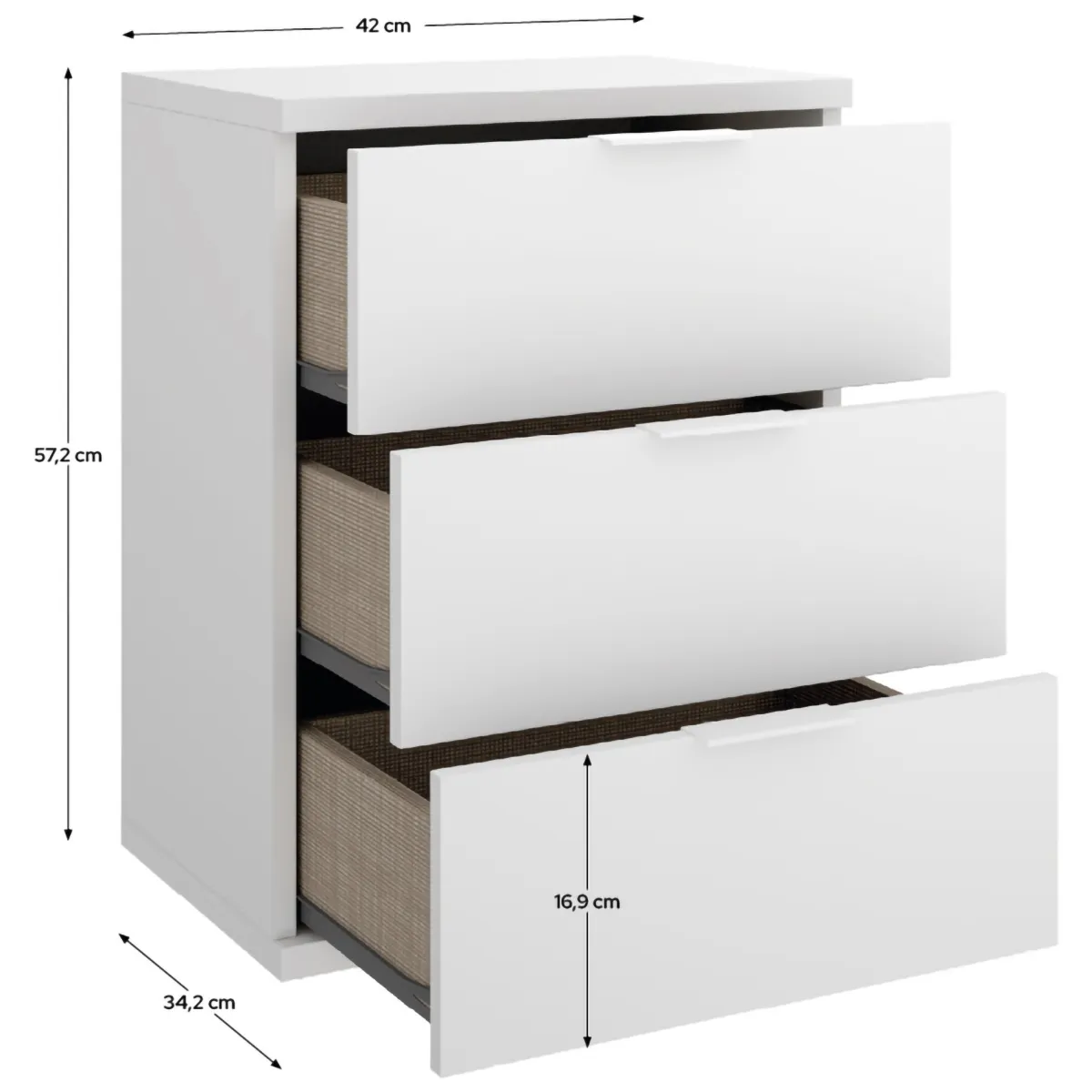 Comodini > Dmora Comodino un Ripiano 3 Cassetti 34x42x57h cm, Apertura Scorrevole - Blythe Bianco