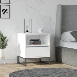 Comodino Bianco un Ripiano un Cassetto 51x51x61h cm, Apertura Scorrevole - Compatri