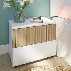 Comodini > Dmora Comodino cannettato bianco e rovere 50x41x34h cm - Josie Marrone, Bianco Rovere