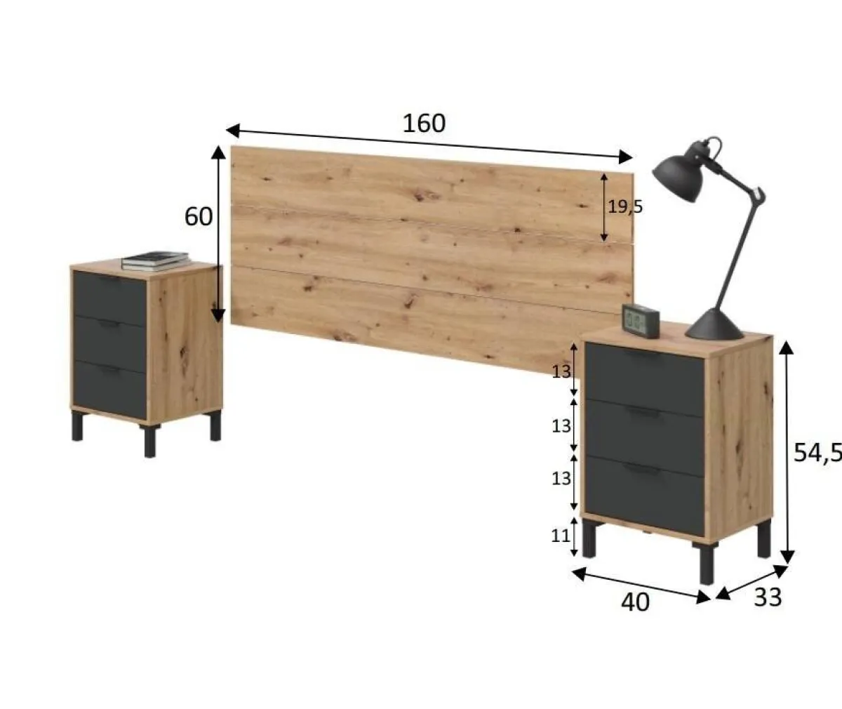 Comodini|Camera Da Letto > Dmora Comodino 3 cassetti legno e antracite 160x40x60h cm - Allan Nero Antracite, Marrone Rovere Nodi