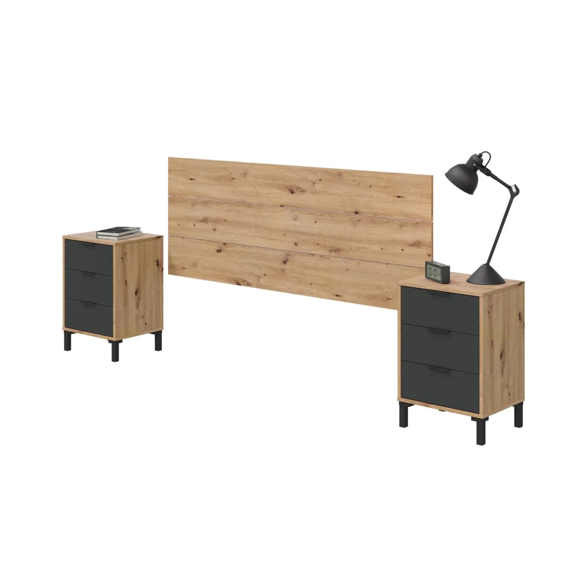 Comodini|Camera Da Letto > Dmora Comodino 3 cassetti legno e antracite 160x40x60h cm - Allan Nero Antracite, Marrone Rovere Nodi