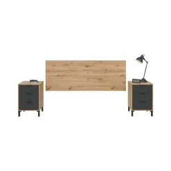 Comodini|Camera Da Letto > Dmora Comodino 3 cassetti legno e antracite 160x40x60h cm - Allan Nero Antracite, Marrone Rovere Nodi