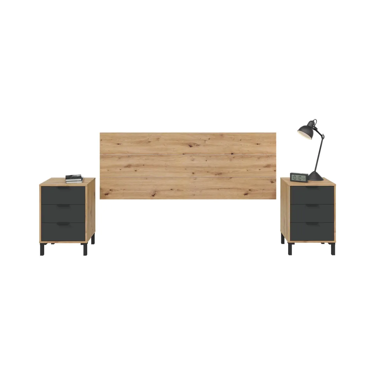 Comodini|Camera Da Letto > Dmora Comodino 3 cassetti legno e antracite 160x40x60h cm - Allan Nero Antracite, Marrone Rovere Nodi